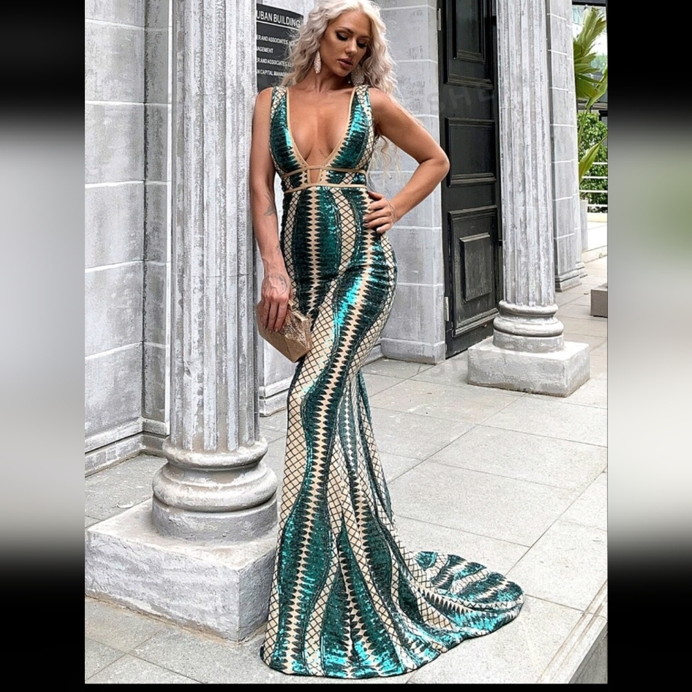 NWT Emerald Green & Tan Sequin Dress